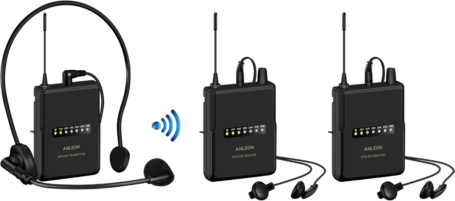 Anleon MTG-200 UHF Professional Tour Guide System Simultaneous Interpretation Church Translation System (1 Transmitter & 20 Receivers) (1 Transmitter 2 Receiver)