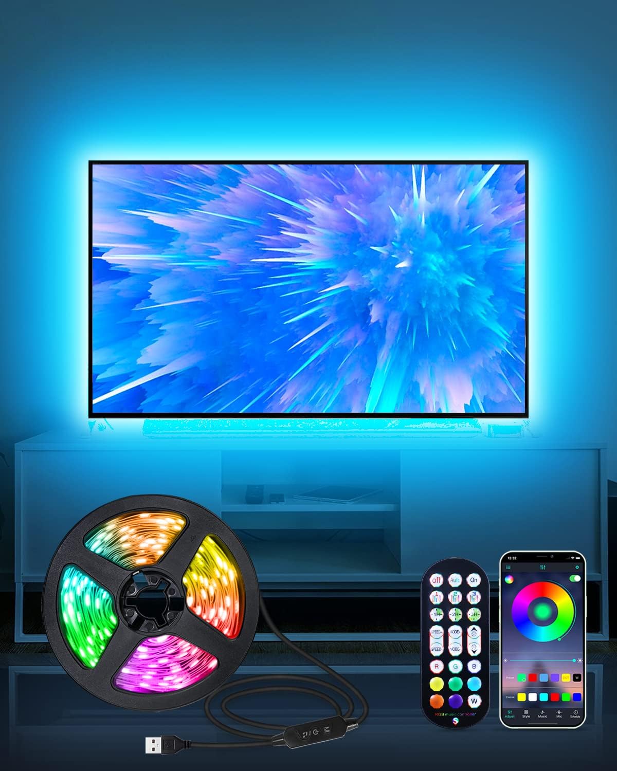 DAYMEET Luces LED de TV LED para TV LED de 3M USB TV Tira de luz LED para monitor de TV de 32 a 60 pulgadas RGB Cambio de color LED Luces de TV con sincronización de música remota Control de APP