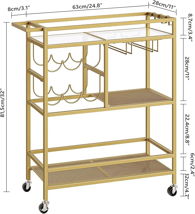 Carrito Bar MAHANCRIS, 3 Niveles con Ruedas, Soporte Vinos y Portacopas, Dorado miniatura 3