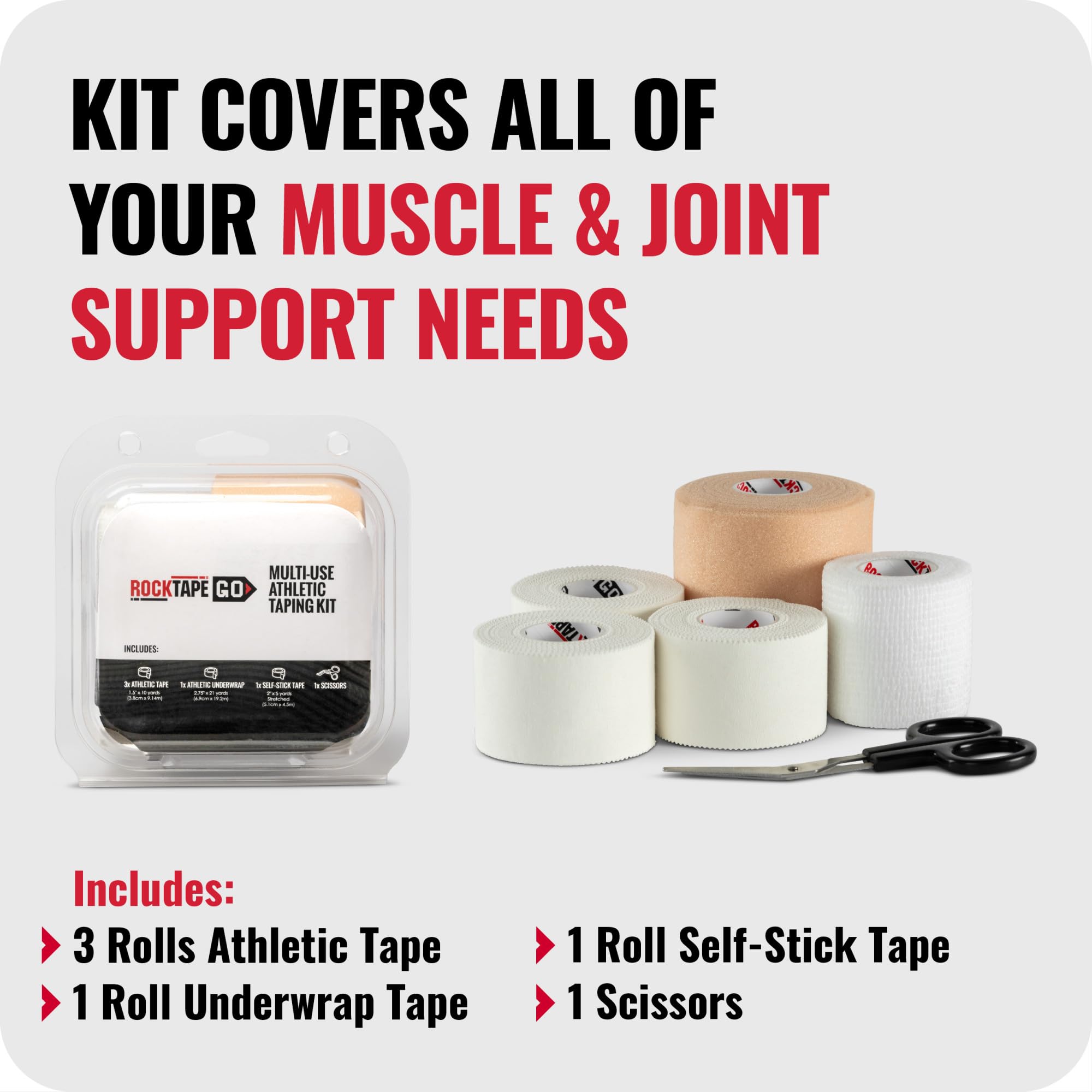 RockTape Go Taping Kit – Athletic Tape, Underwrap, Self-Stick Tape, and Scissors in Portable Case – Sports Tape Set for Joint Support, Training, and On-The-Go Taping Needs
