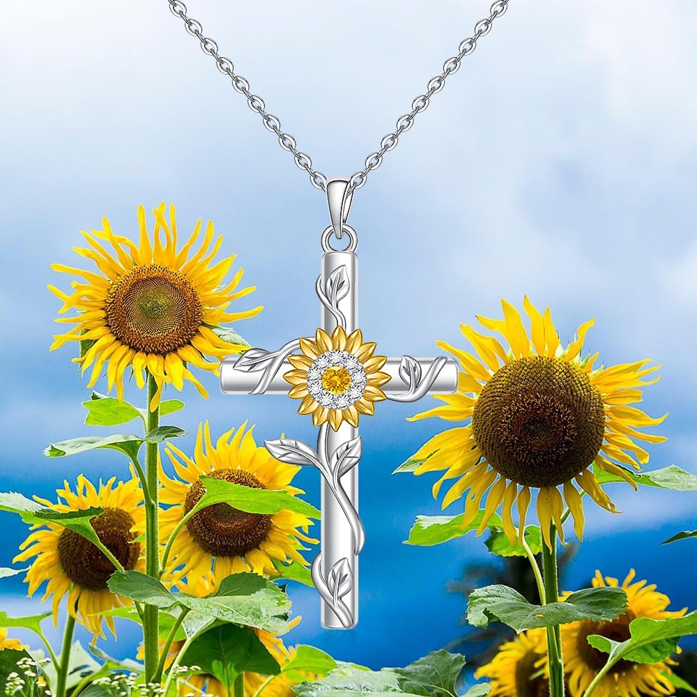 Fenthring 18k Gold Plated Sunflower Necklaces for Women, Sunflower Cross Necklace 925 Sterling Silver Sunshine Pendant Mom Jewelry Christmas Gifts for Women - Image 9