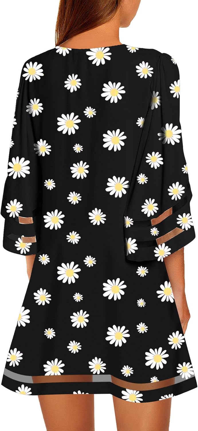 LookbookStore Women Casual Crewneck Mesh Panel 3/4 Bell Sleeve Loose Tunic Dress - Image 2