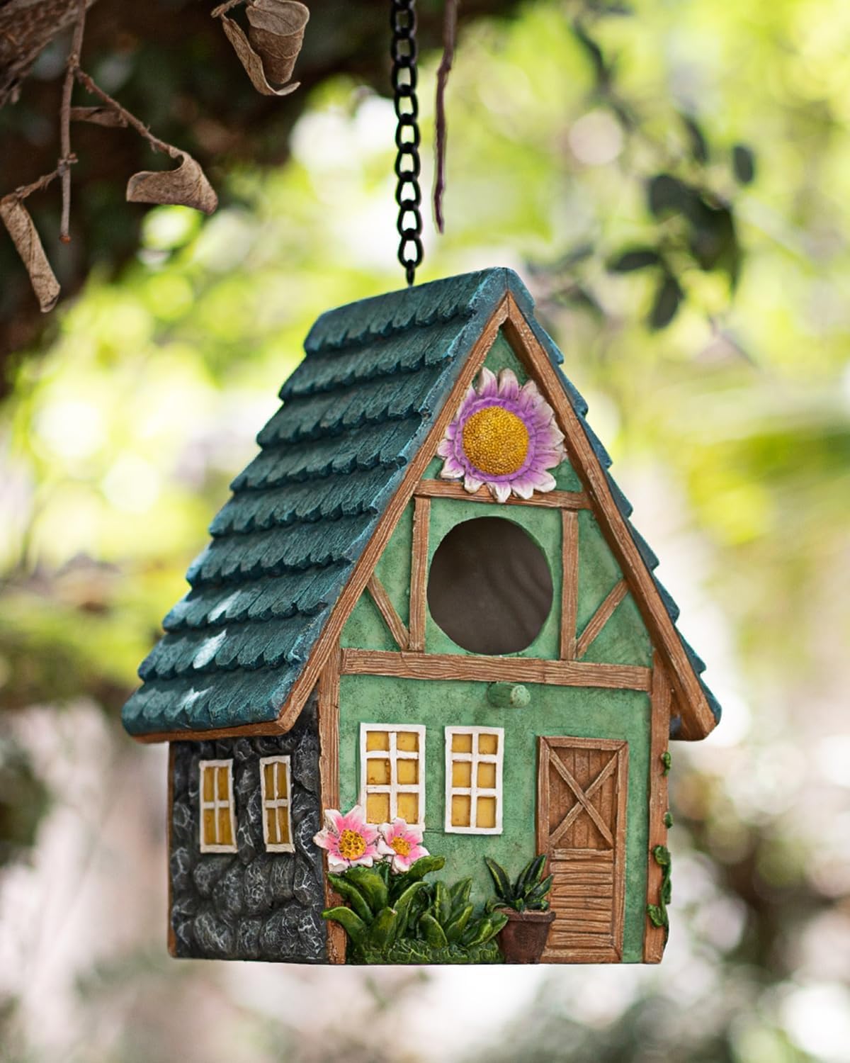 Decorative Hanging Birdhouse for Outdoors, Waterproof Resin Country Cottage Bird Houses with Cord, Unique Garden Patio Tree Decoration, Gardening Gifts for Bird Lovers (Storybook Home)