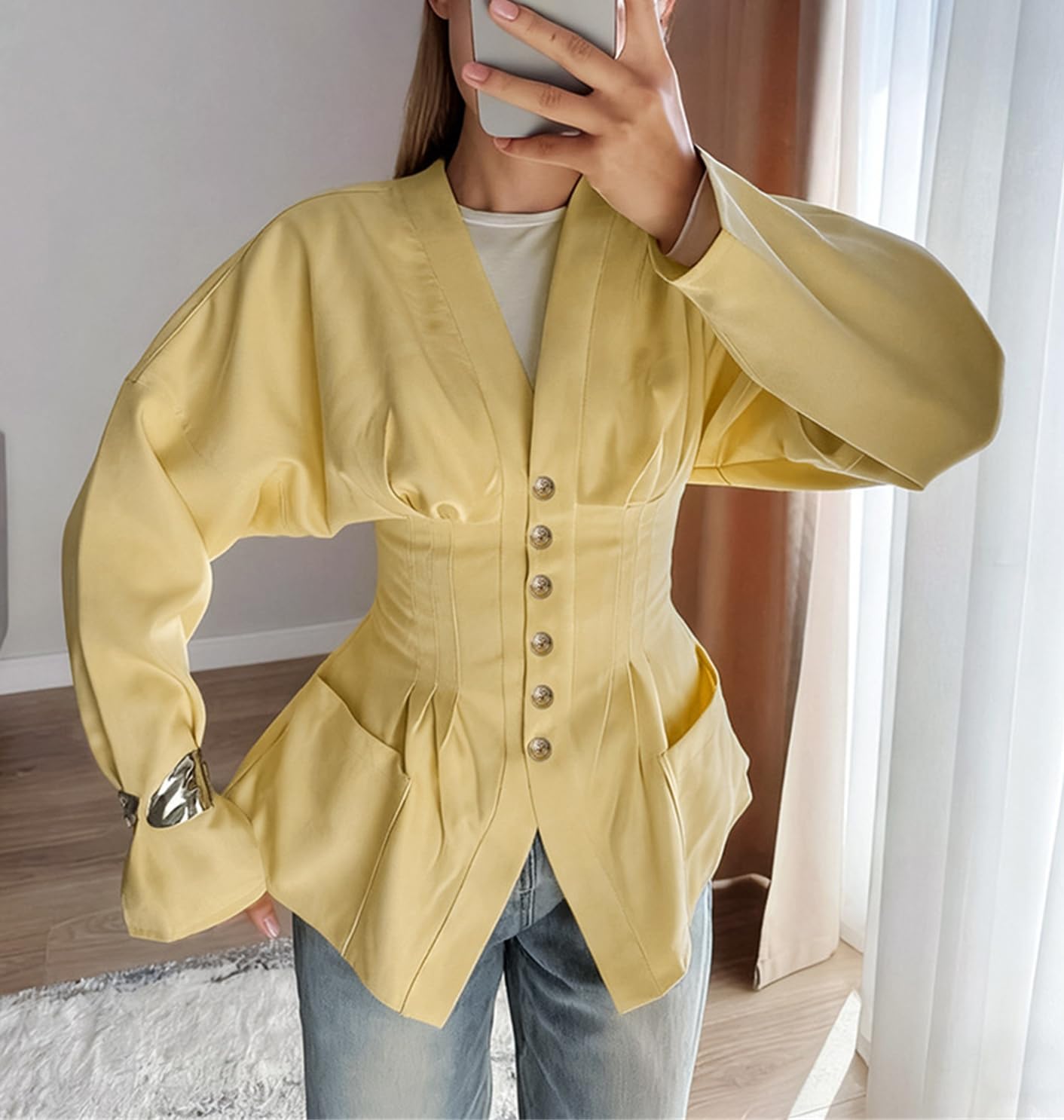 Camicetta da donna a maniche lunghe, scollo a V, sciancrata, con pieghe | Morbido misto cotone elasticizzato, design sciancrato, tasche, ideale per l'ufficio e tutti i giorni