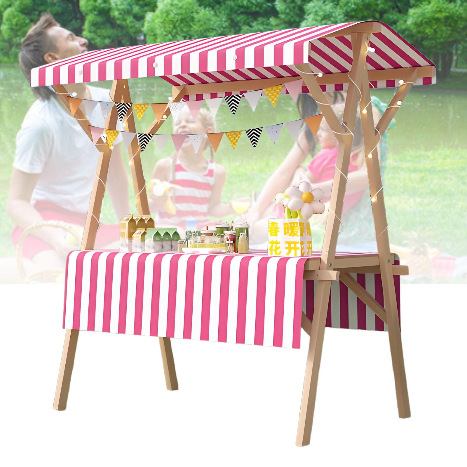 Bancarella pieghevole in legno, carrello alimentare portatile con tettuccio per mercati agricoli e street food, espositore per esterni, 120 x 60 x 200 cm