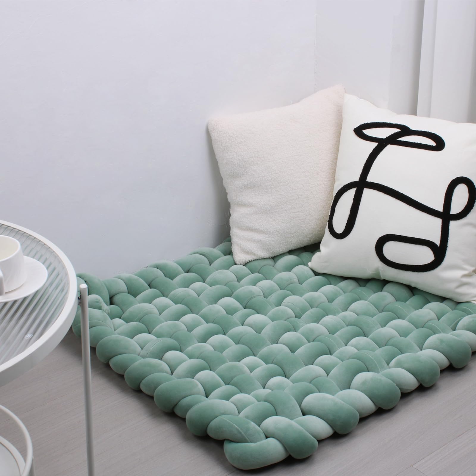 XHJRI Thickened Braided Knot Seat Mat, Knotted Floor Decorative Cushion, Handmade Baby Infant Playing Pad Nursery Rug (27.5 * 31.5 Inch,Matcha Green)