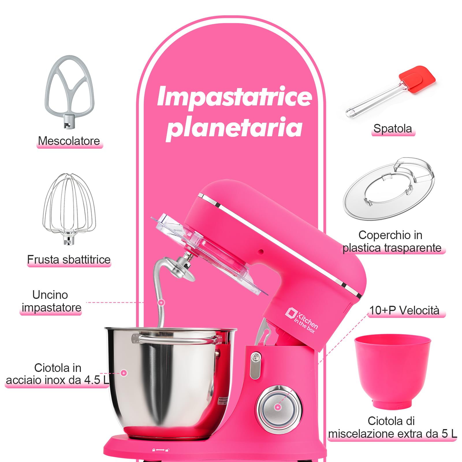 Impastatrice Planetaria Kitchen In The Box 6,2L 1400W - Rossa, Con Accessori - Foto 4
