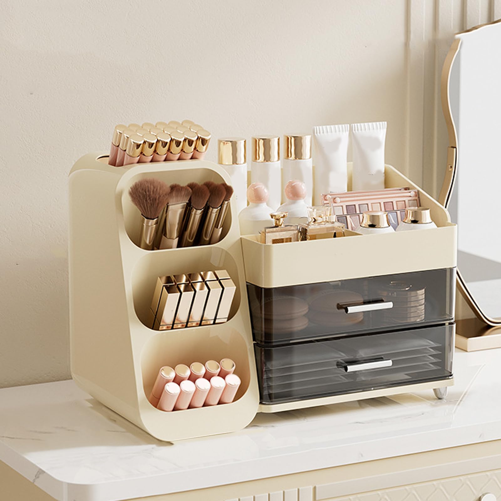 Effiziente Make up Aufbewahrungslösung mit Fächern für Kosmetika, transparente ABS Box, praktische kompakte Vitrine, Make up Organizer mit Schubladen