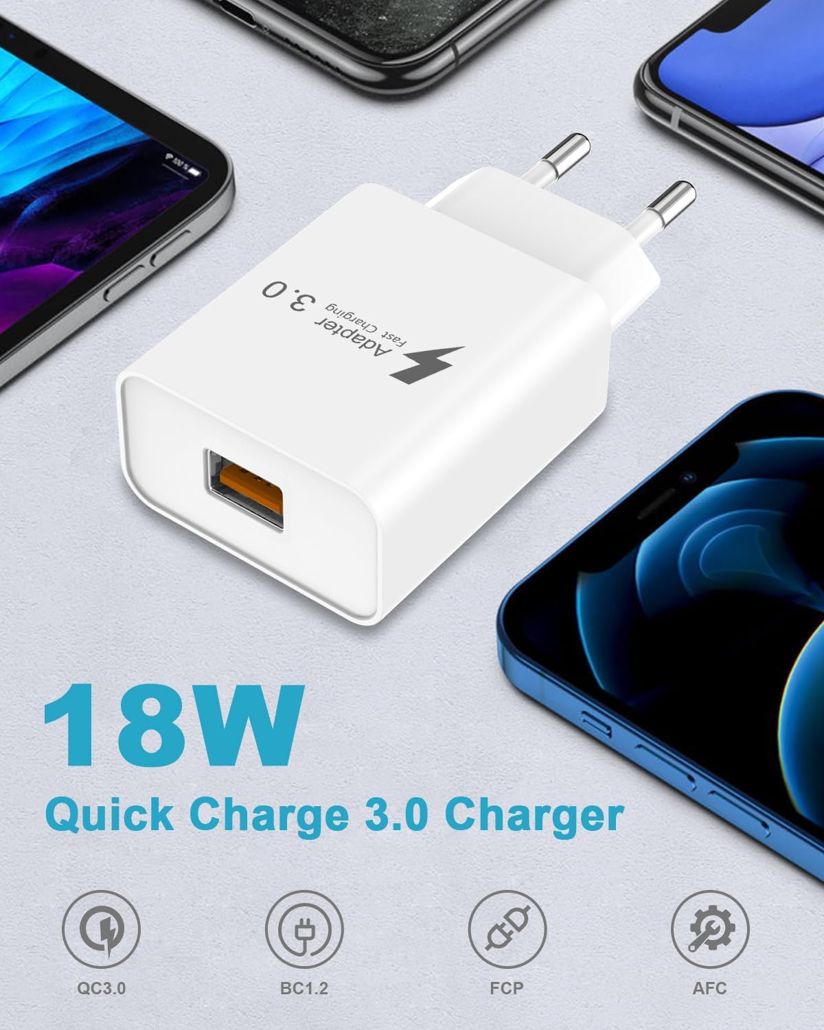 Caricatore USB 18W con Cavo Type-C 2M per Samsung Galaxy A15/A53/A13/A14/A12/S10/S9/S8/A32/A21S/A04S/A53/S23/S22/S21,Xiaomi,iPhone 15 16, QC3.0 Presa USB Alimentatore USBC Rapido Caricabatterie