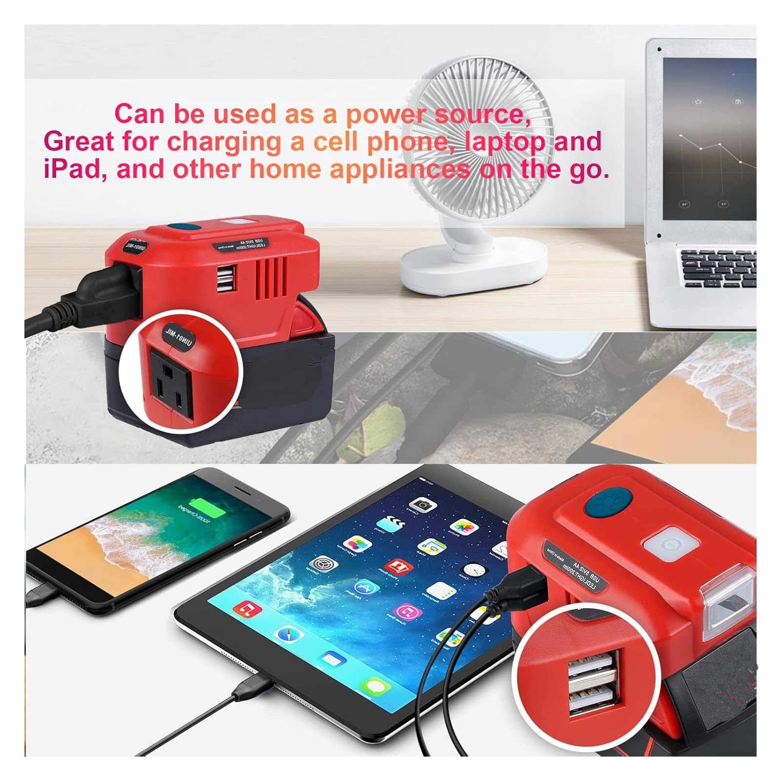 UNIKI 150W Power Supply Inverter for Milwaukee M-18 18V Lithium Battery with AC Outlet Dual USB and 200LM LED 18V DC to 120V AC,Portable Inverter with USB Cable