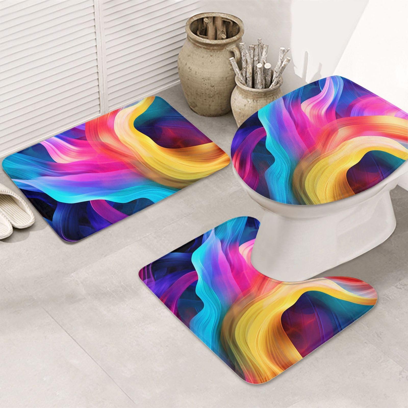 Tapis de bain vagues colorées en lot de 3 pour une salle de bain moderne et sécurisée