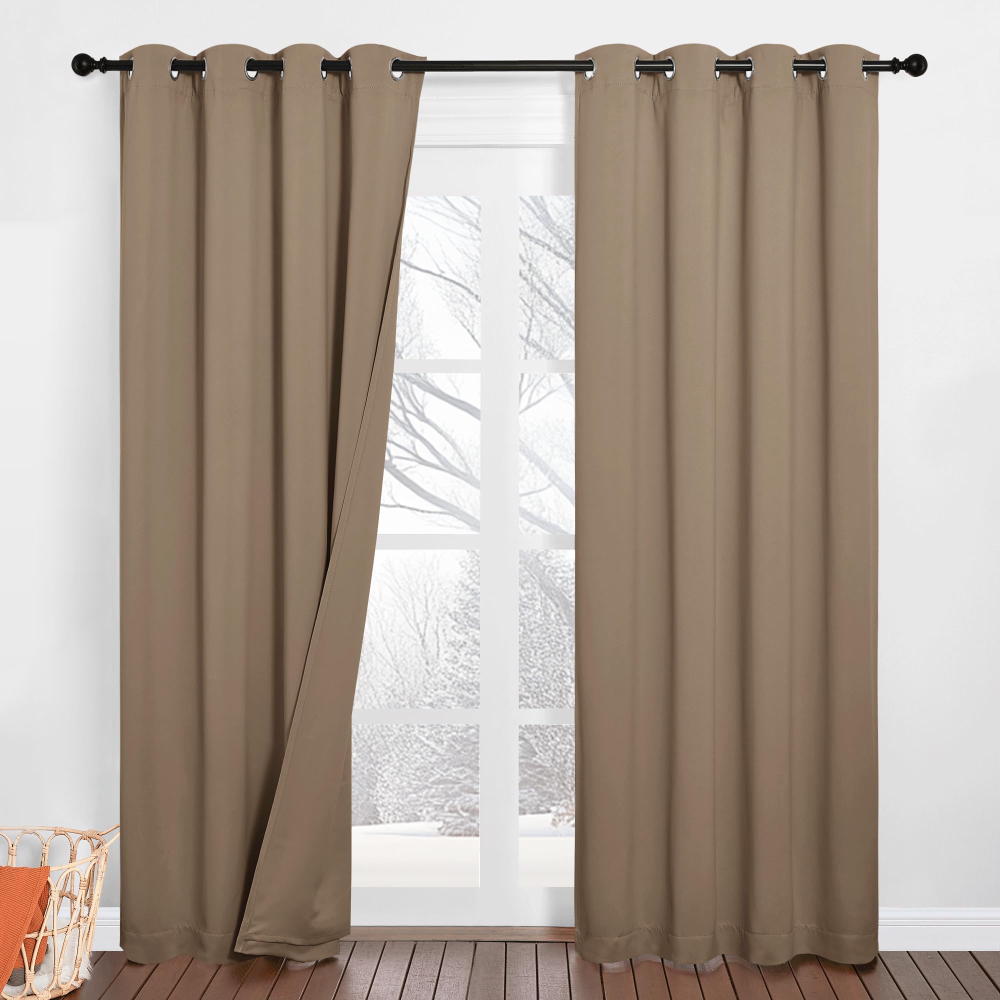 PONY DANCE Cortina Antiruido Cortinas de Tres Capa Cortinas Dormitorio Matrimonio 2 Piezas Cortinas Termicas Aislantes Frio y Calor con Ojales Cortinas 100% Opacas, 132x213 CM, Moca