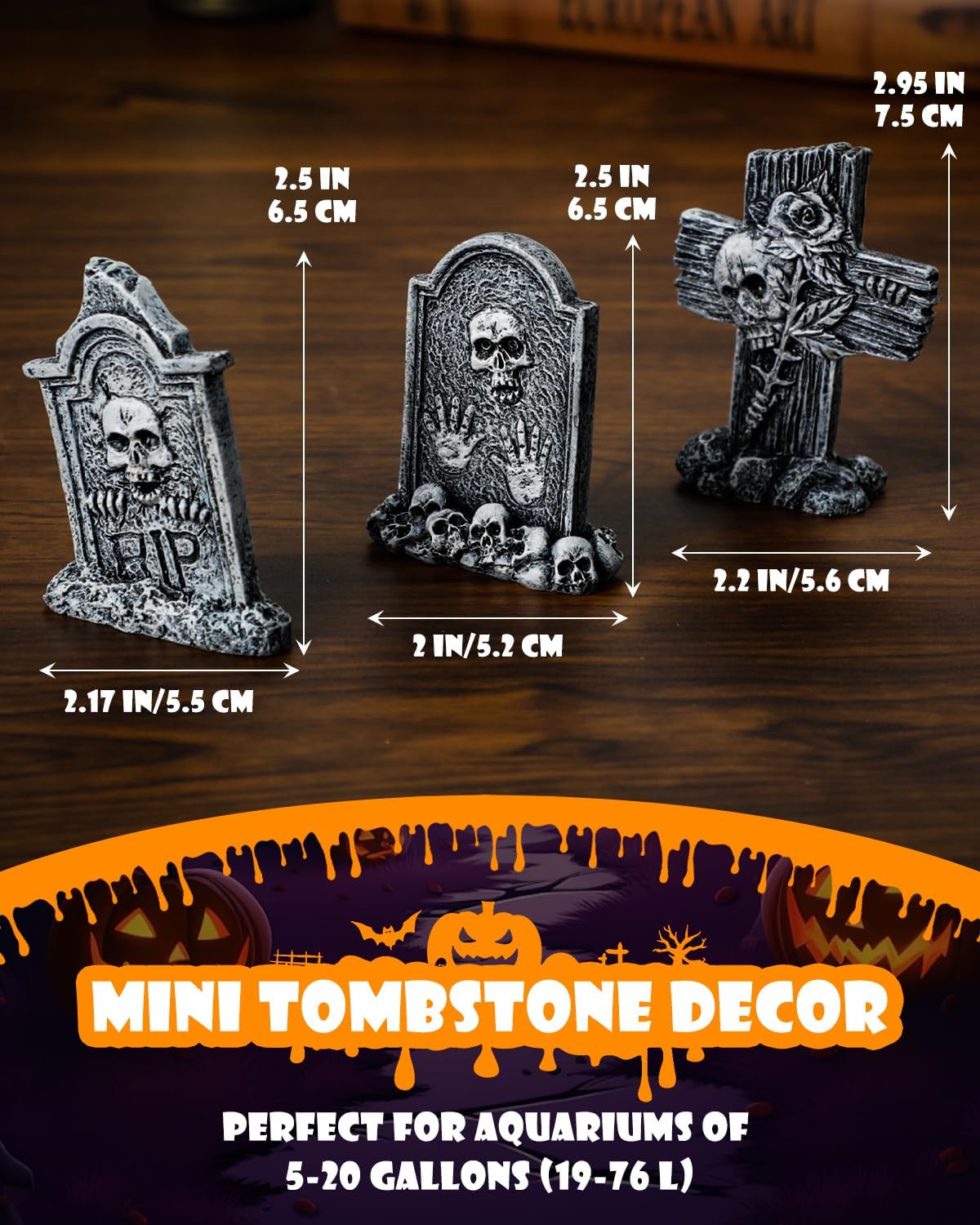 Uniclife 3 Pcs Halloween Miniature Tombstones Decorations, Halloween Fish Tank Decor, Resin Mini Tombstones Figurines, RIP Cross Skull Graveyard Gravestones, Small Spooky Town Village Accessories image 2