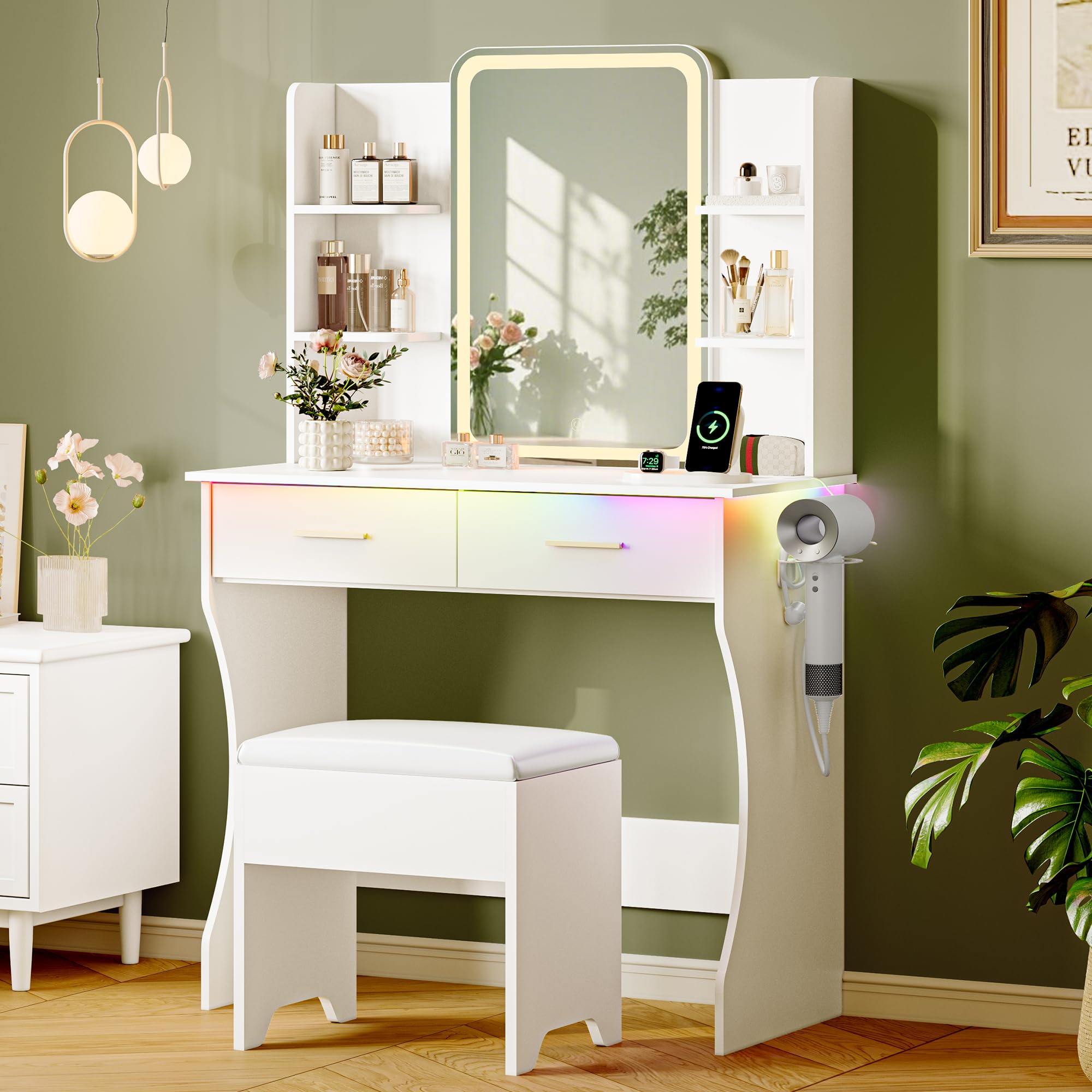 Makeup Vanity Desk with Mirror & Lights, Small Vanity Table Set for Girls with Chair & Power Outlet, Modern Dressing Table with 2 Drawers & 4 Storage Shelves, Adjustable RGB Lighting - White