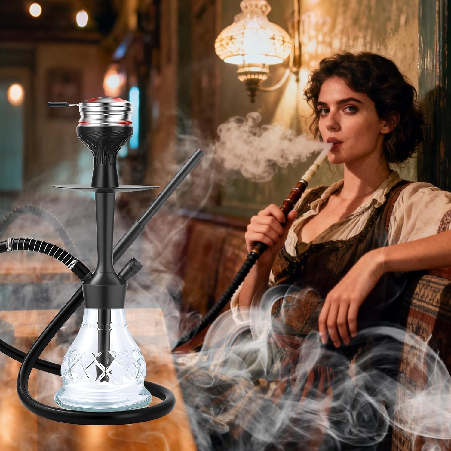 16.9" Premium Portable Hookah Set - Complete Travel Shisha Kit with Case, Silicone Hose & Stainless Steel Bowl for Home Use (L-Black)