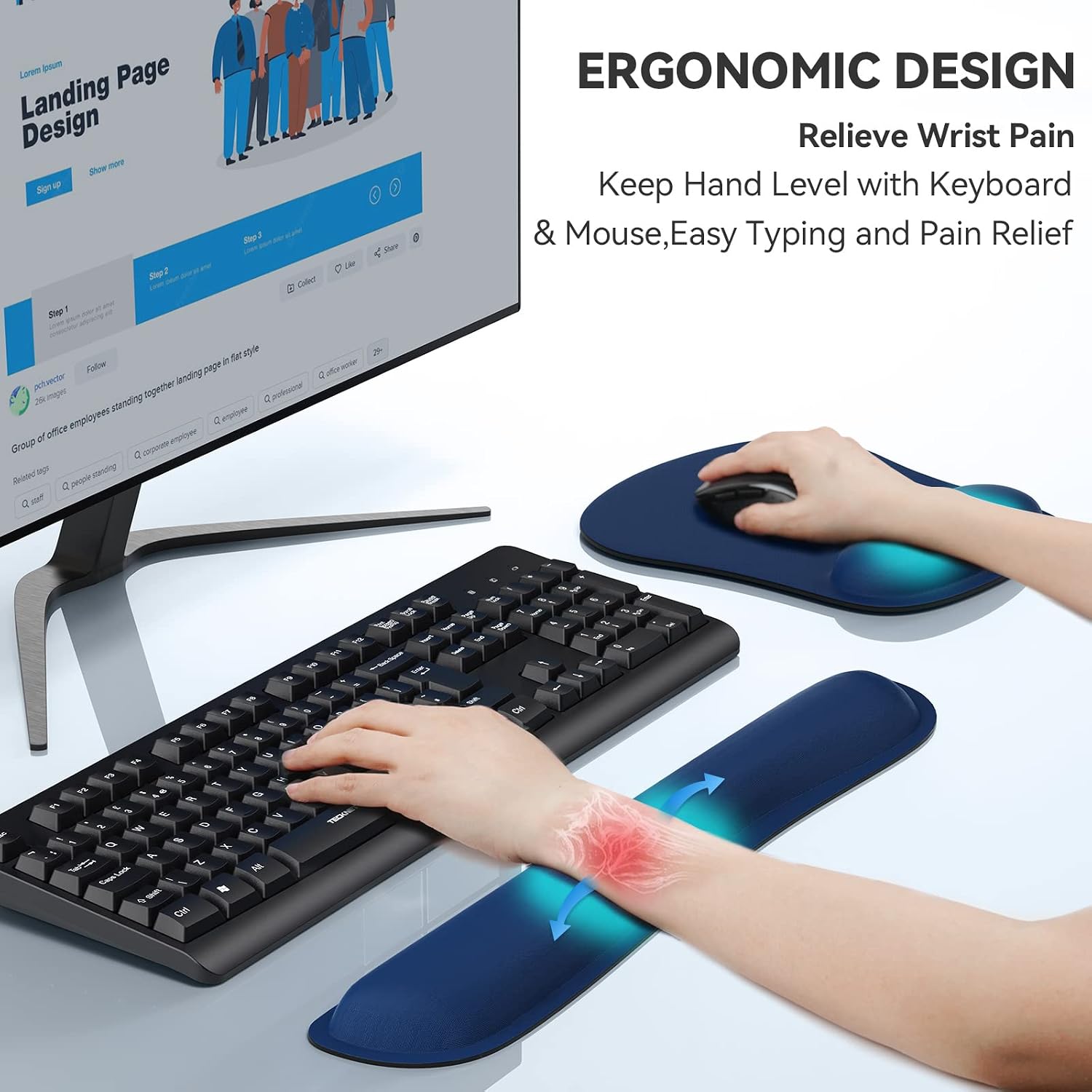 TECKNET Keyboard Wrist Rest and Mouse Pad with Wrist Support, Memory Foam Set for Computer/Laptop/Mac, Lightweight for Easy Typing & Pain Relief Ergonomic Mousepad,Blue