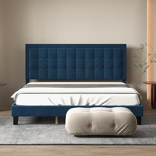 GAOMON Base de cama tapizada tamaño King con tela de lino y base de plataforma, listones de madera para un fuerte apoyo y un sueño cómodo en color