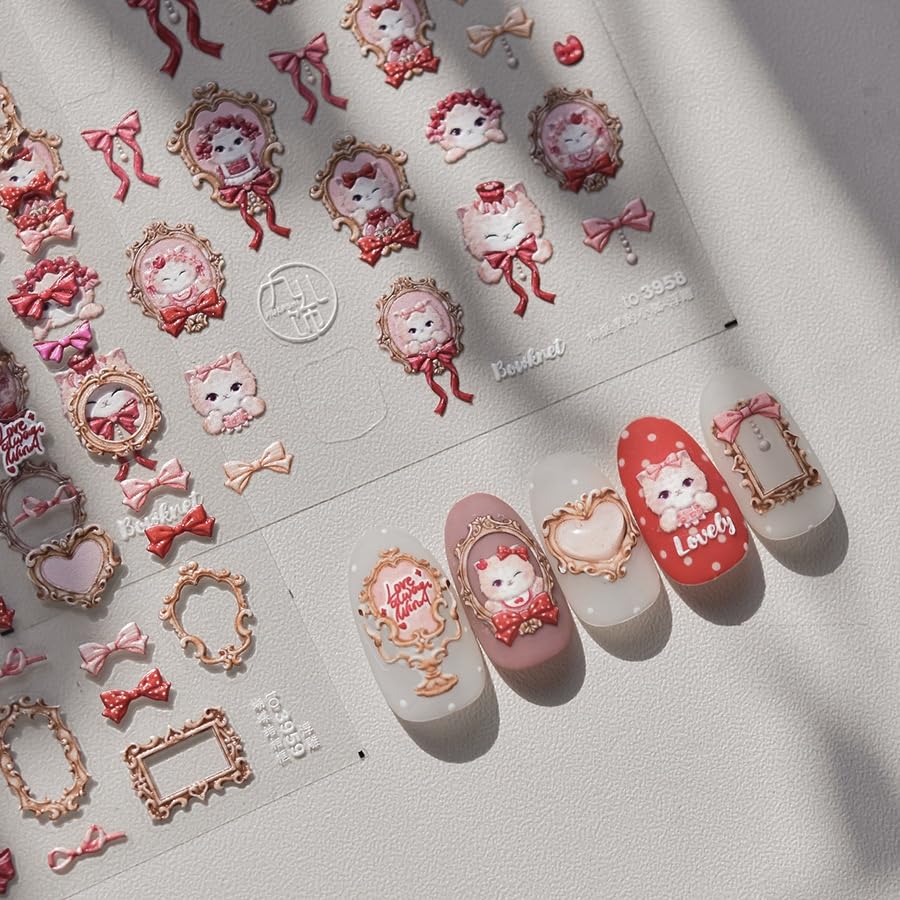 Image of Cat Nail Stickers Pink Bow Nail Decals Retro Portrait Self-Adhesive Nail Art Decals Cute Style 5D Embossed Self Adhesive Manicure Decorations for Women Manicure Salon DIY Design