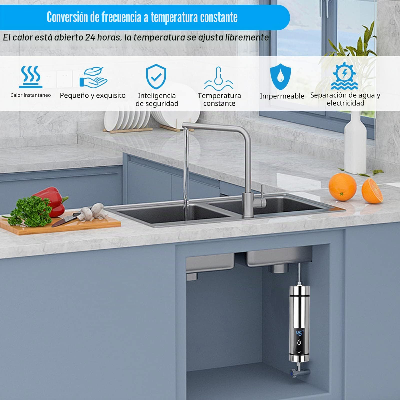 Mini calentador de agua eléctrico instantáneo, mini calentador de agua instantáneo, sin tanque, para baño, cocina, enchufe europeo, 220 V, 3500 W (plata)