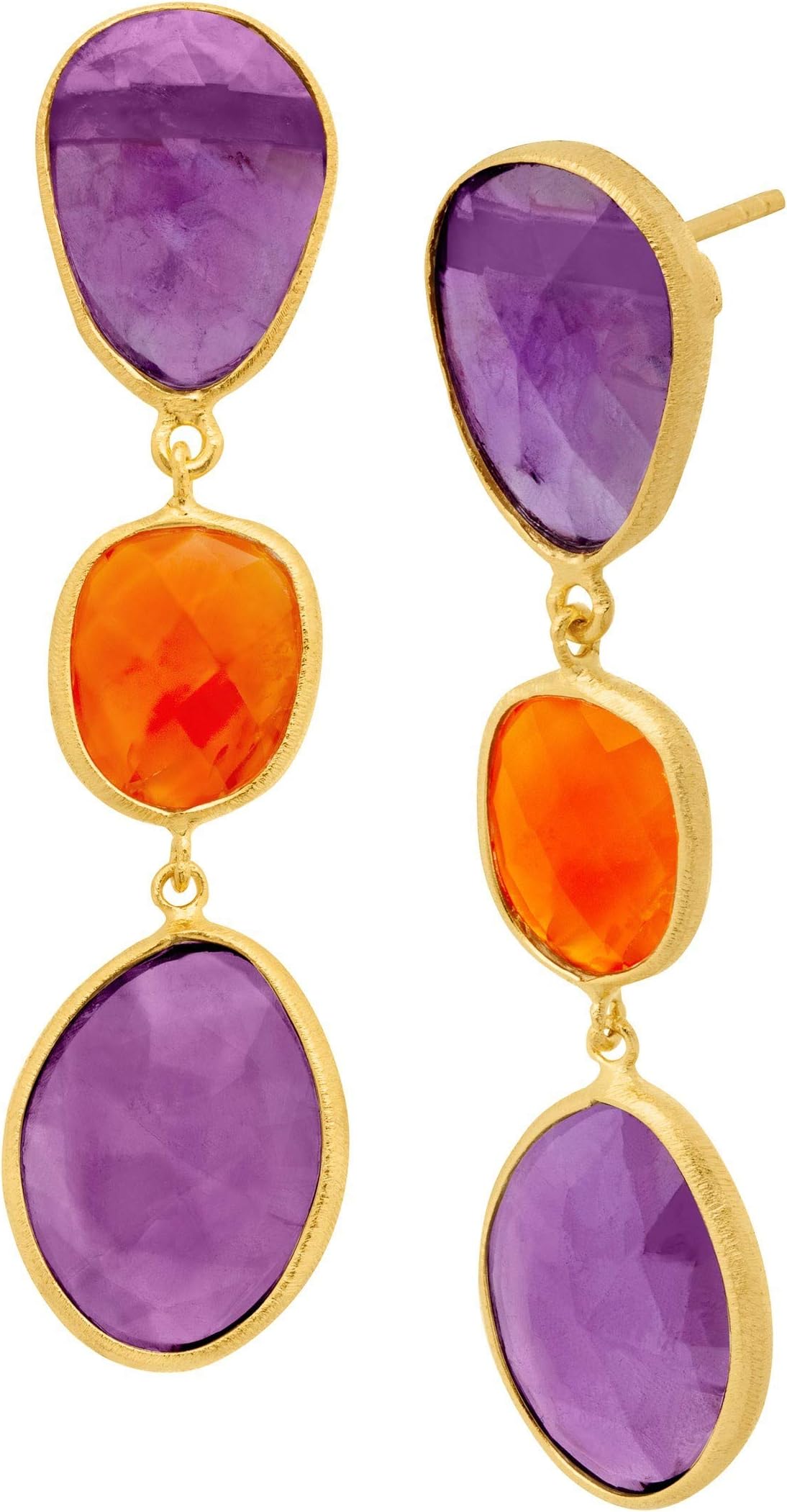 Piara Natural Amethyst & Carnelian Triple Drop Earrings in 18K Gold-Plated Sterling Silver