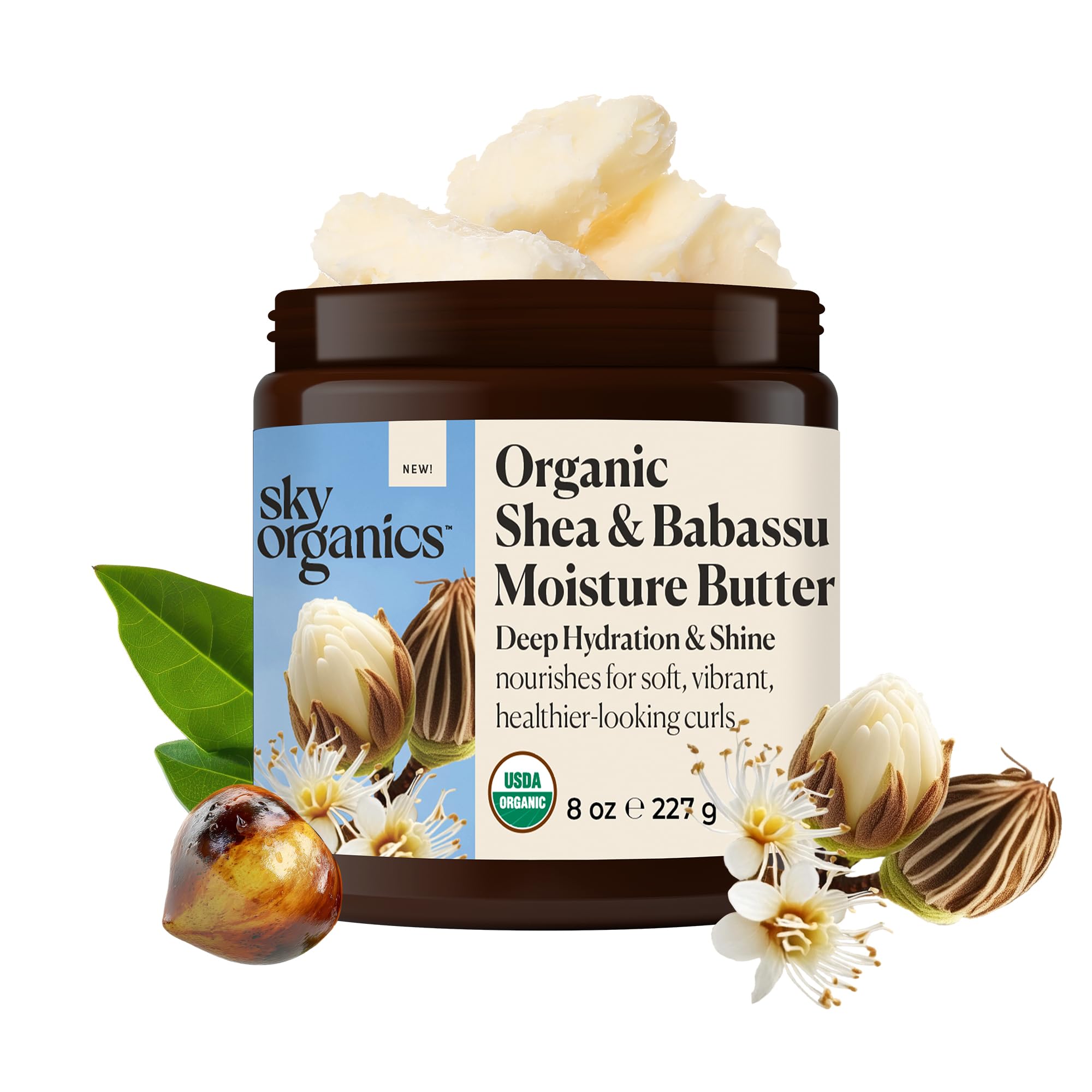 Sky Organics USDA Organic Shea & Babassu Moisture Butter, Deeply Hydrating, Nourishing, Soft, Shiny, Healthier-Looking Curls, Tames Frizz, Boosts Shine, Conditions, Curly Hair, 8 Oz w EbookUSDA Organic[Amazon-developed Certification] Compact by Design