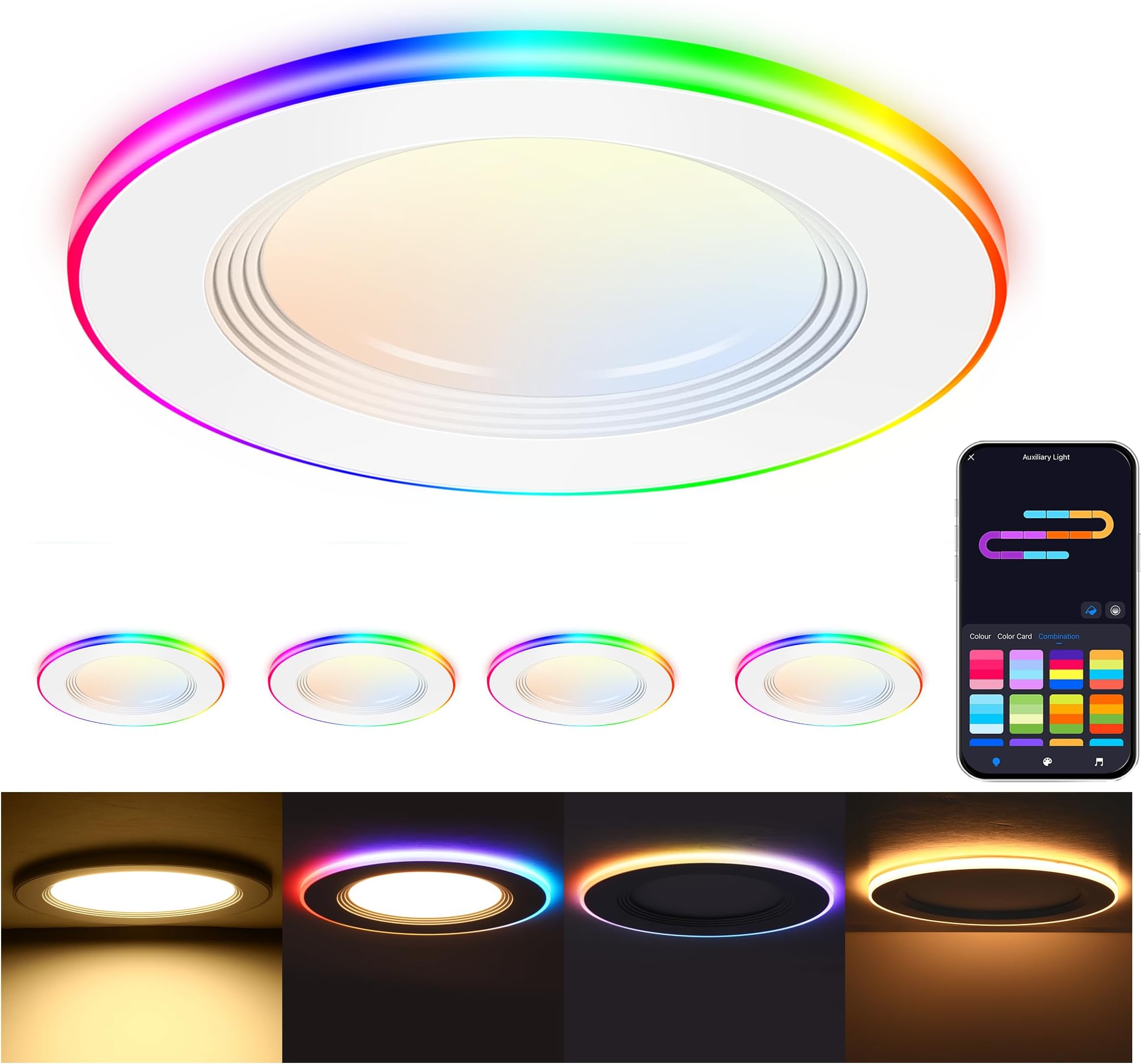 [4 Pack] 4 Inch RGB Smart Recessed Lighting with Gradient Accent Light and Night Light,13W Recessed Lights Ultra-Thin Can-Killer Downlight, Compatible with Alexa and Google Home Assistant