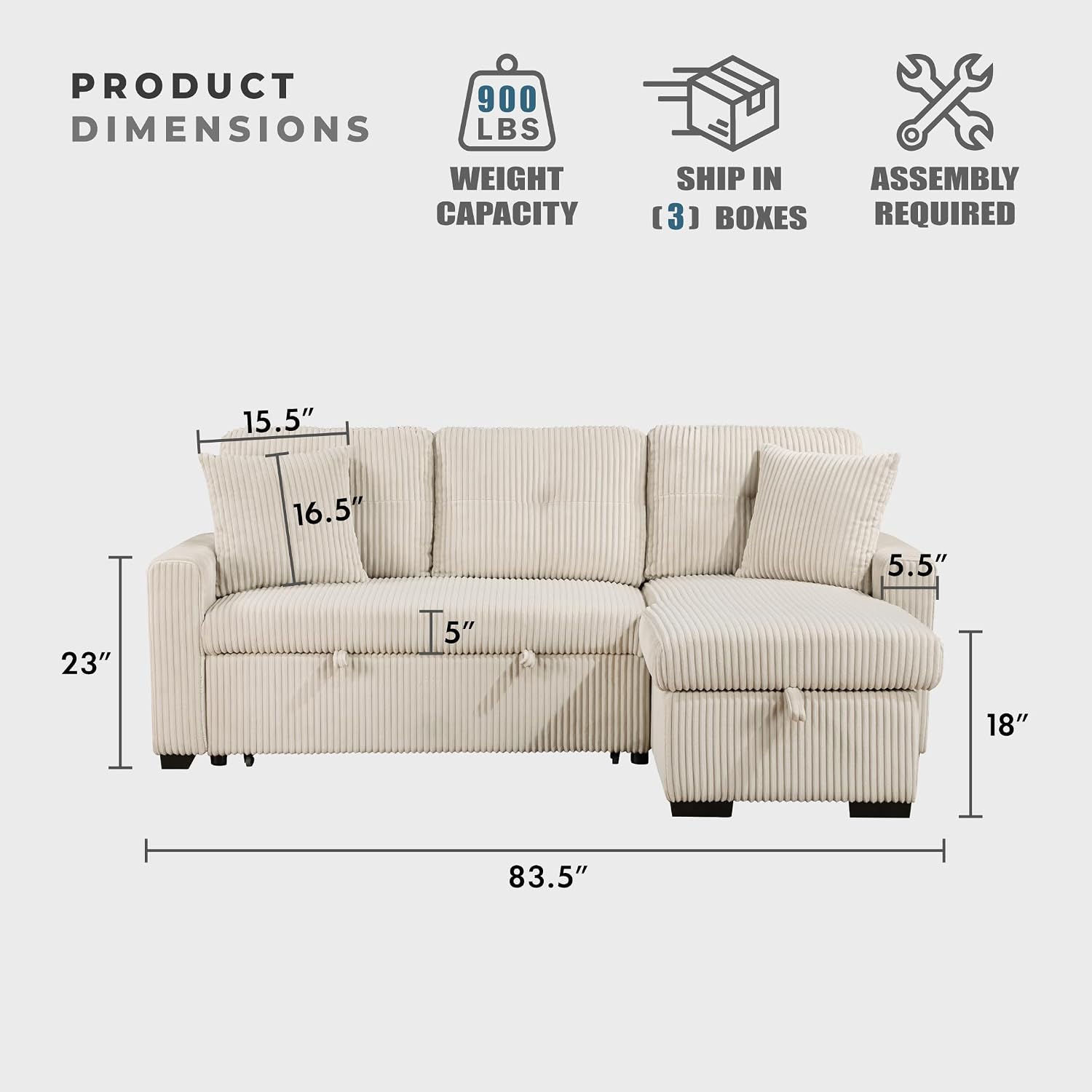 Lexicon Reversible Sectional Couches for Living Room, Corduroy Couch, Convertible L Shaped Sleeper Sectional Sofa with Storage Chaise, Pull Out Sofa Bed, 83.5 inch Sleeper Sofa, Beige
