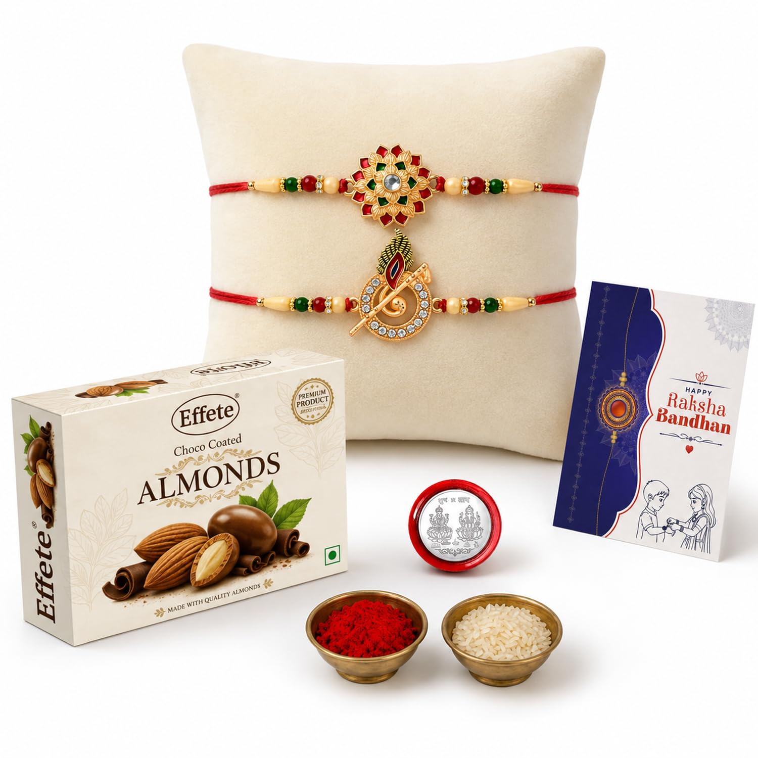DeoDap Rakhi Set for Brother – Designer Flower & Murli Flute Design with Choco Coated Almonds Chocolate 32gm, Pooja Coin, Roli Chawal & Card | Rakhi with Chocolate Combo for Raksha Bandhan discount deal