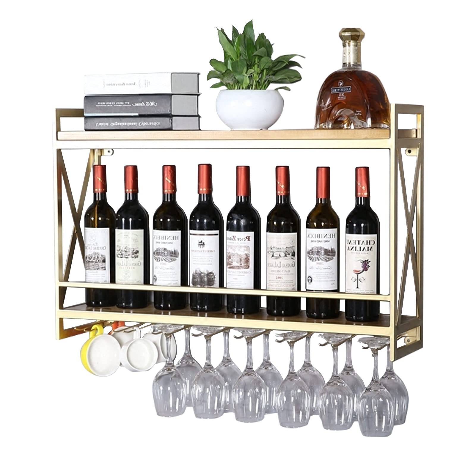 Casier à vin mural doré et bois avec porte-verres à pied pour un bar chic
