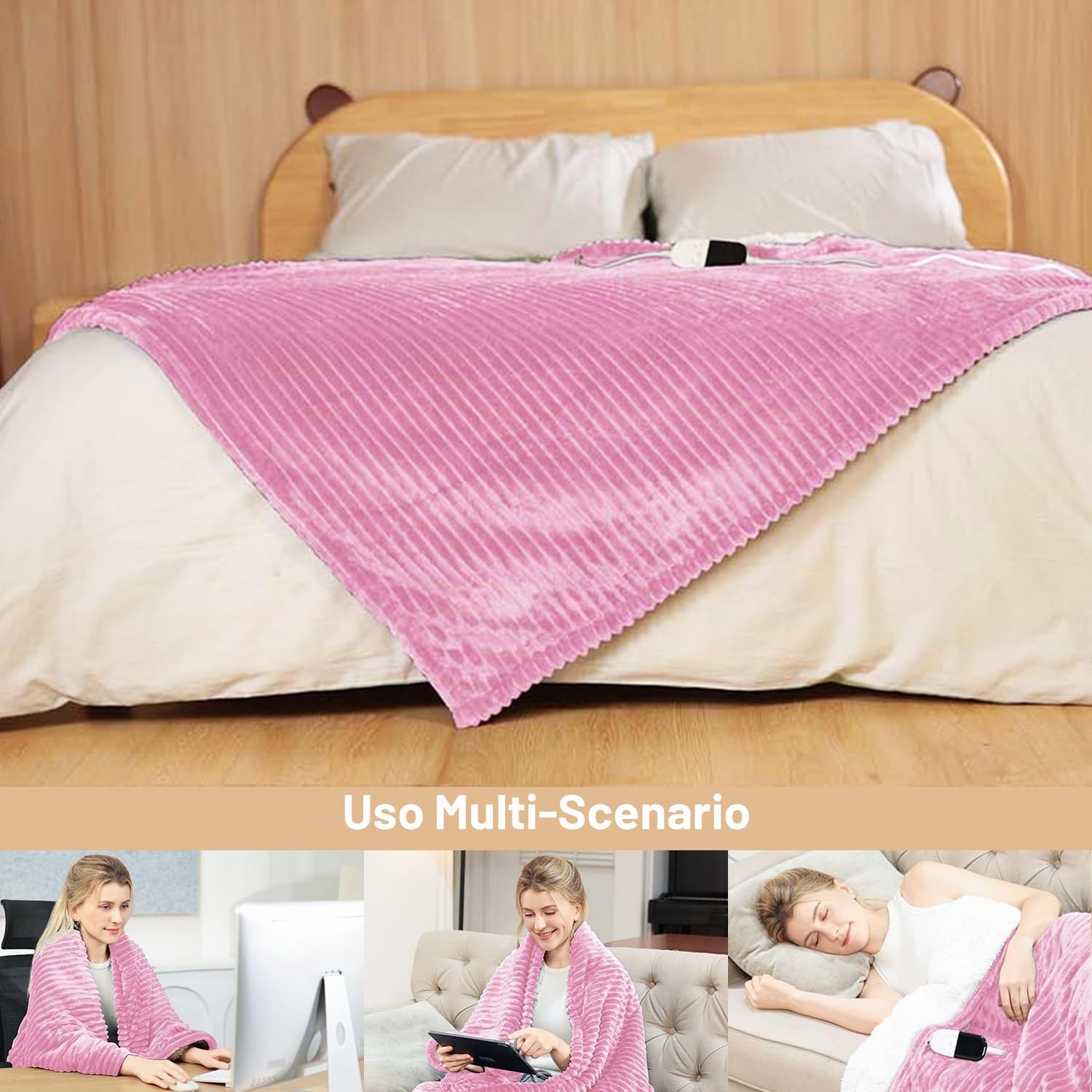 Coperta Riscaldante Elettrica con Spegnimento Automatico,180 x 135 cm,Timer 10 Ore e 6 Temperature,Rapido Riscaldamento,Flanella,Lavabile in Lavatrice,Coperta Termica per Letto, Casa e Ufficio-Rosa