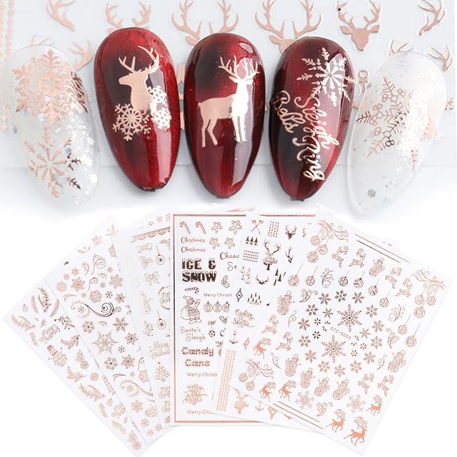 JMEOWIO 9 Sheets Christmas Nail Art Stickers Decals Self Adhesive Nail Stickers Rose Gold Snowflake Reindeer Pattern DIY Decoration Tools Accessories Long Beauty for Women Girls