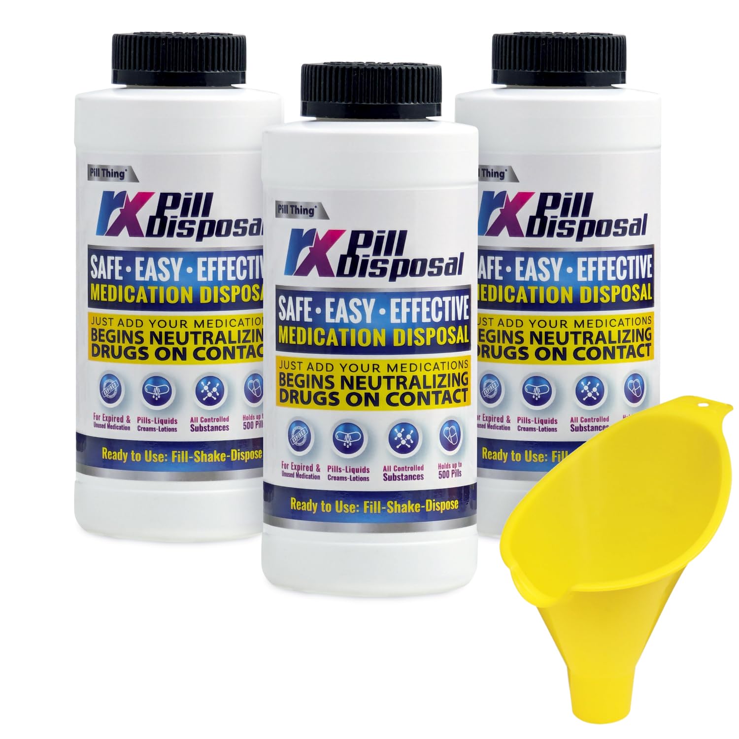 pill thingRX Disposal, Starts Working on Contact, Safe Effective Eco-Friendly, Prescription Drug Destroyer with Easy-to-Use Funnel (Pack of 3 with Funnel)