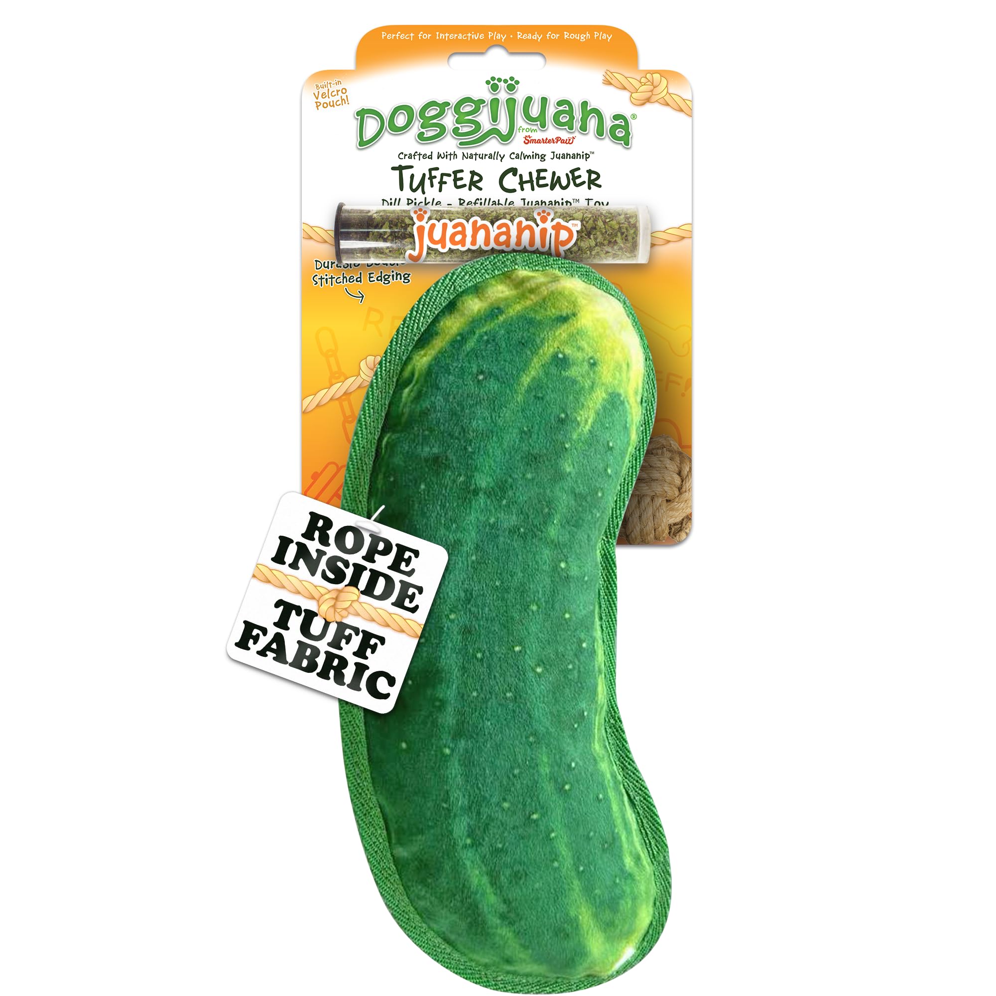 Doggijuana Tuffer Chewer Plush Dog Toy, Dill Pickle | Squeaky Refillable