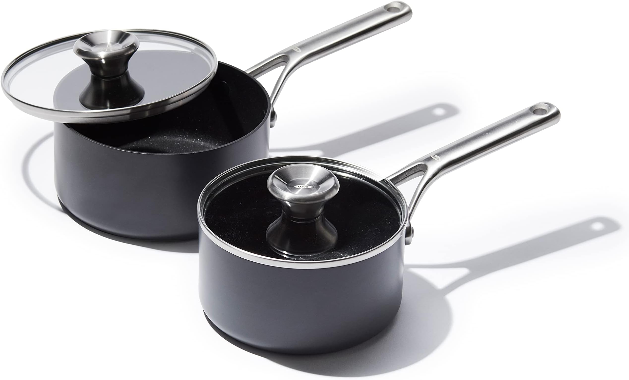 Professional 1.7QT and 2.3QT Saucepan Pot Set with Lids Hard Anodized Ceramic Nonstick Cookware PFAS-Free Induction Suitable Stainless Steel Diamond Reinforced Coating Dishwasher/ Oven Safe Black