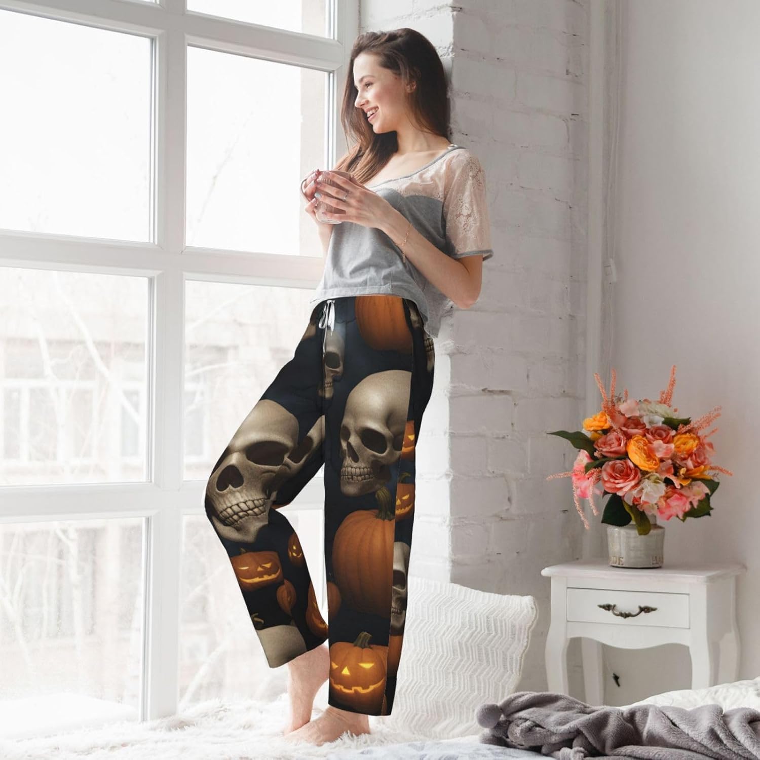 Halloween Skull Print Women'S Flannel Pajama Pants,Soft Warm Pajama Bottoms,Perfect For Holiday Lounging