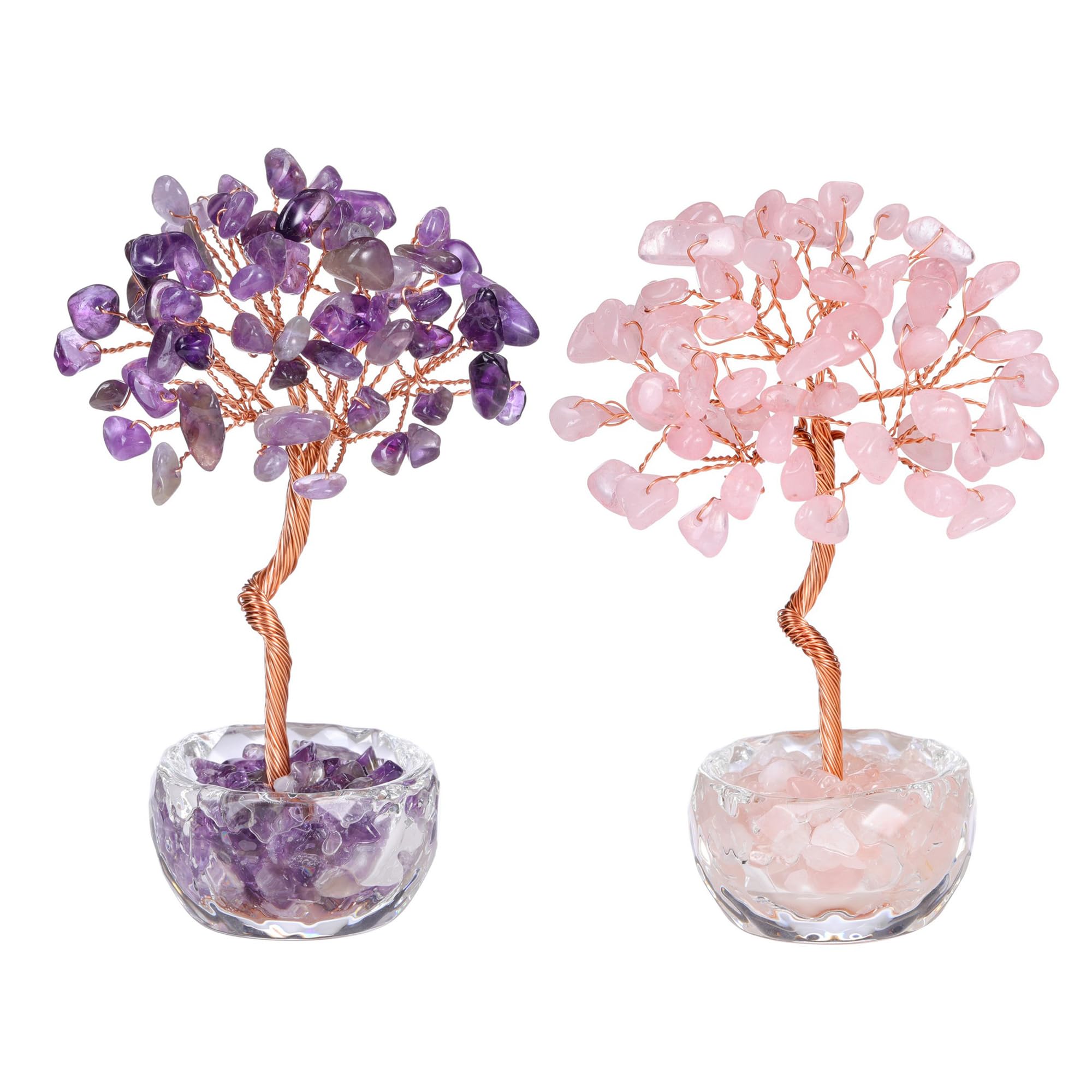 CrystalTears 2pcs Mini Crystal Trees Gifts for Women, Amethyst Rose Quartz Healing Gemstone Money Tree for Home, Office Desk Decoration, Good Luck Crystal Gifts for Friends Mum Christmas Birthday
