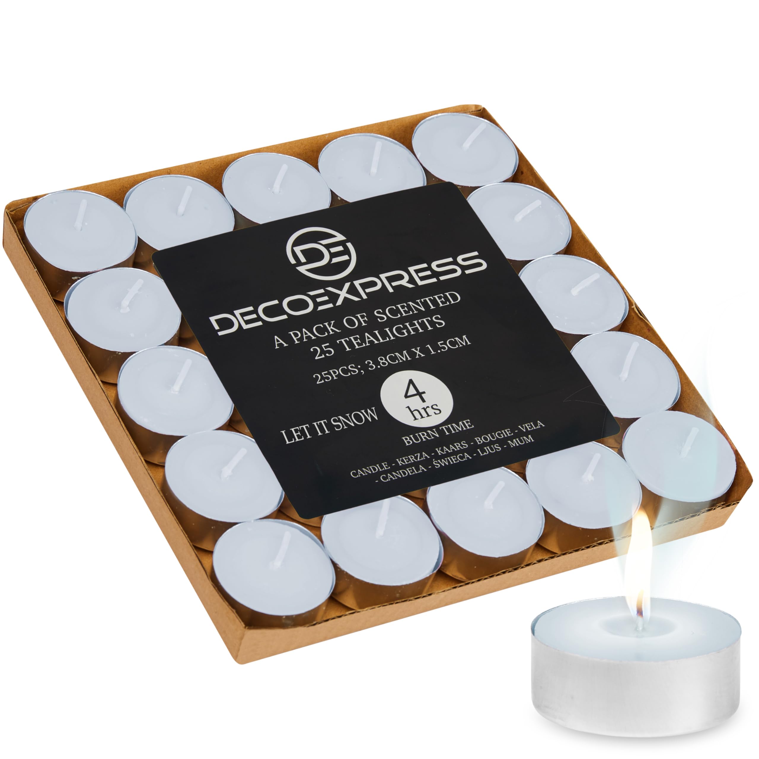 DECO EXPRESS Tealight Candles Multipack of 200, 100, 50, 25 or 24, Burning Time 4, 8 or 10 Hours - Tea Lights Candles (Let It Snow 25/4 Hour)