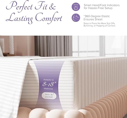 Miniatura 5 de Carressa Linen Juego de sábanas de lujo de algodón egipcio tamaño Queen, 600 hilos, fibras extralargas, 4 piezas, sábanas de damasco blanco nítido,