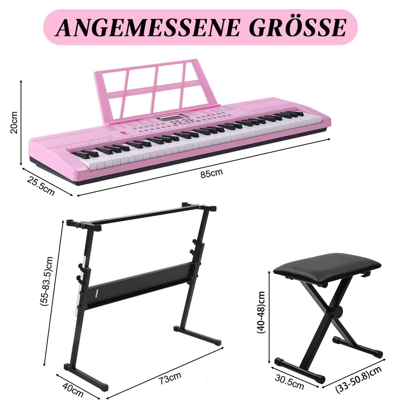 LEADZM Tastiera Piano 61 tasti, tastiera digitale con supporto per tastiera, panca per pianoforte, supporto per spartiti, cuffie, microfono, schermo LED, 3 modalità di apprendimento per principianti
