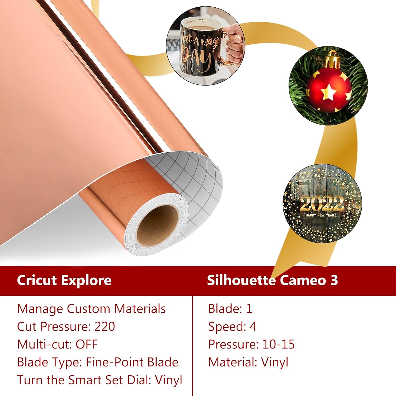 IModeur Metallic Permanent Adhesive 12 inch x 15 Ft Roll - Rose Gold Adhesive Vinyl for Cricut, Silhouette & Cameo Plotting Machines