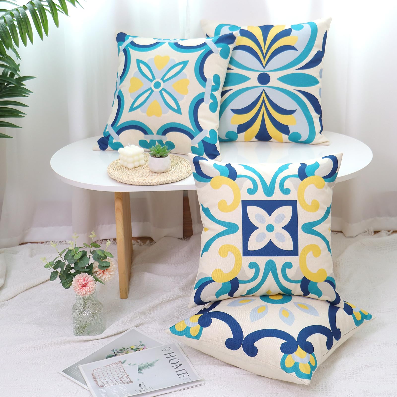 Set di 4 Federe Cuscini per Divano 45x45 cm Impermeabili Bohémien con Fiori Geometrici per Esterno Balcone Patio