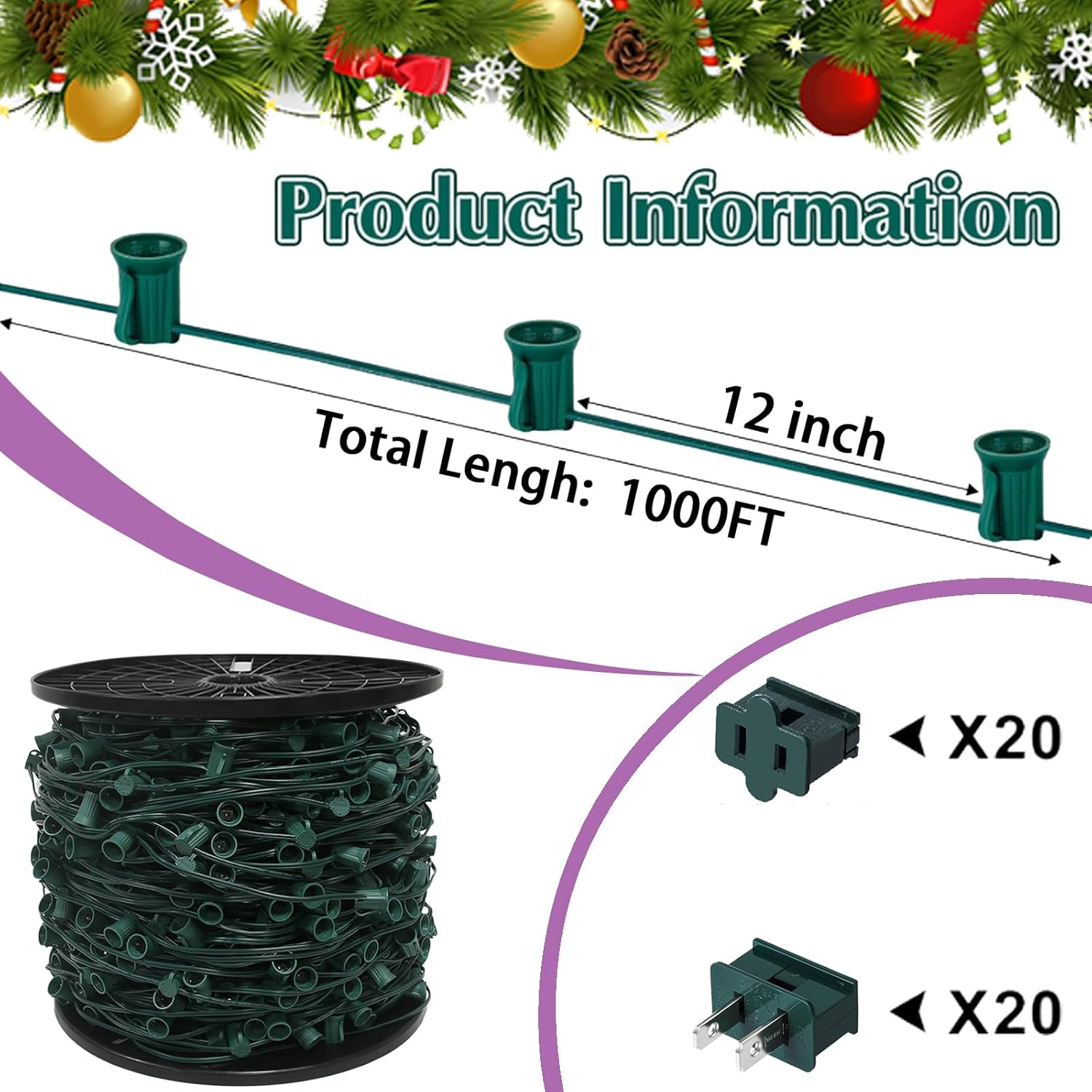 C9 Christmas Lights Cord Outdoor - C9 Light Socket Set Wire Spool With E17 Sockets 1000FT House Trim - For Pathway Tree Commercial Grade Light 12" Spacing Green Wire Stringer with 20 Pairs Plugs