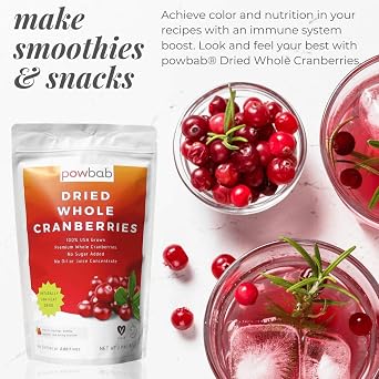 powbab Dried Cranberries Unsweetened - 100% USA Grown Organic Dried Cranberries. No Sugar Added, No Oil, No Apple Juice Concentrate Infused, No Sulfites. Dried Fruit. Not Moist, Not Sweetened or Reduced (2.9 Oz)