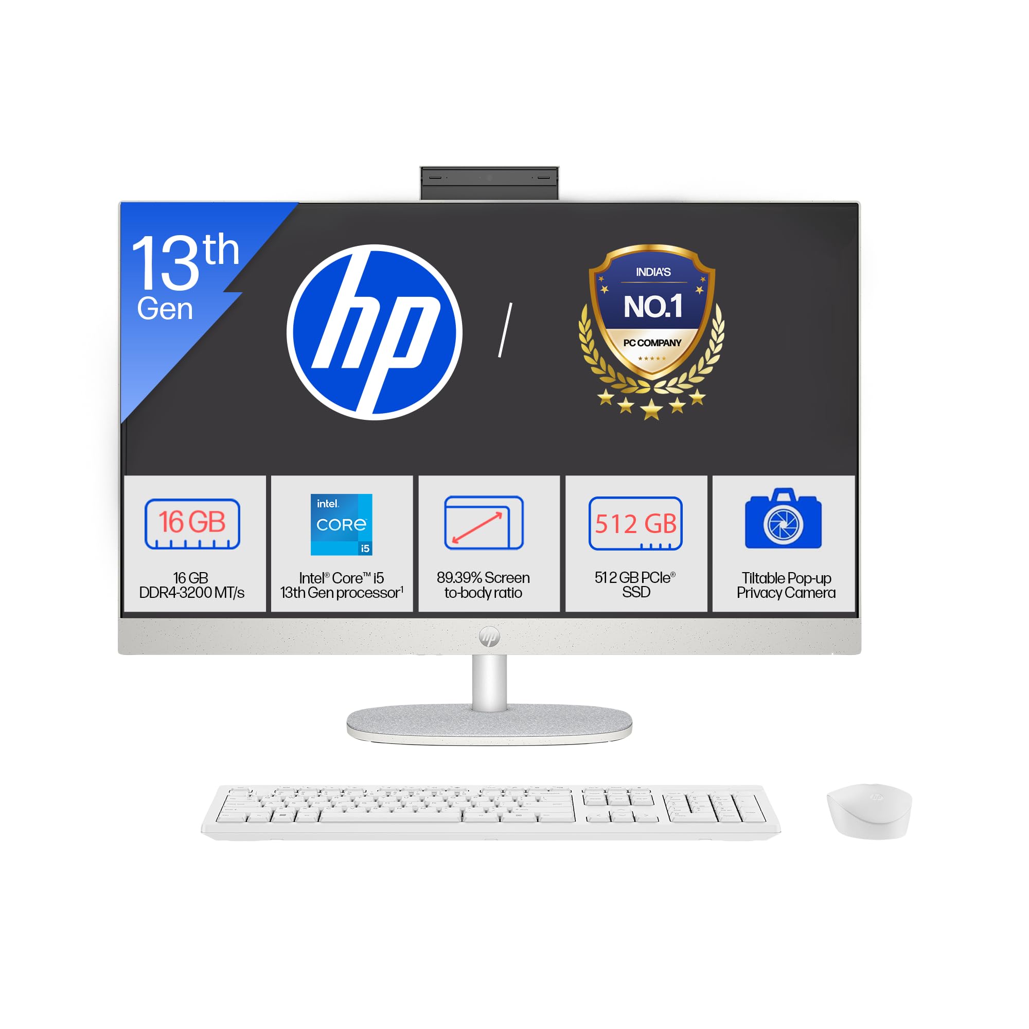 HP All-in-One, 13th Gen Intel Core i5-1334U (16GB DDR4, 512GB SSD) IPS, Three-Sided, Micro-Edge, Anti-Glare, FHD, 23.8''(60.5 cm), Win 11 Home, Office 24, 5.27kg, FHD Camera, 24-cr0486in