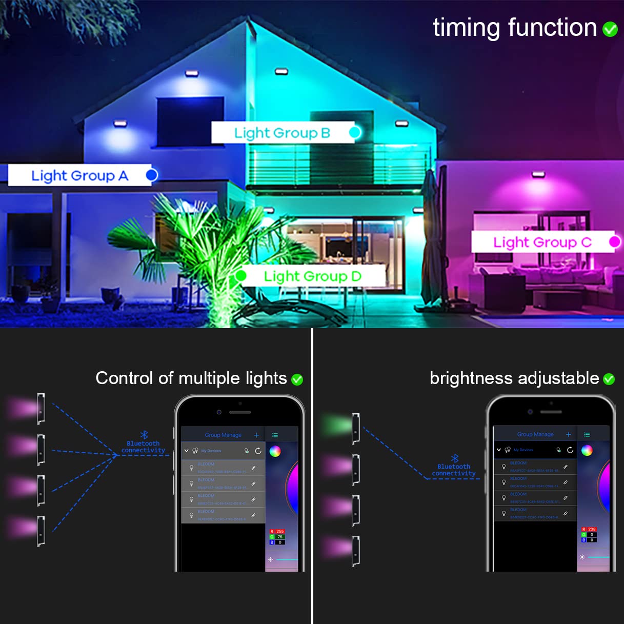 Eleganted RGB led-spots, 50 W, RGBW-kleurverandering, schijnwerper met afstandsbediening en app-bediening, IP66 waterdicht, voor buiten, kleurrijk, schijnwerper, dimbaar, voor tuin, feest, boom