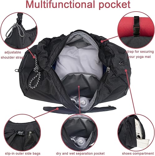 Vista 4 de WOLT Bolsa de gimnasio para mujer, bolsa de esterilla de yoga con compartimento para zapatos, bolsillo húmedo y bolsillo para botella de agua