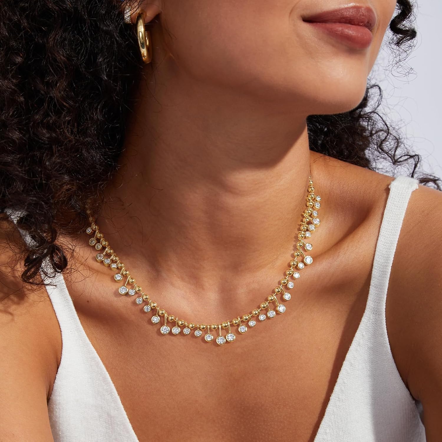 KissYan Cubic Zirconia Charm Necklace for Women, 14K Gold Plated Beaded Chain Rainbow White CZ Necklaces Dainty Elegant Jewelry Gift