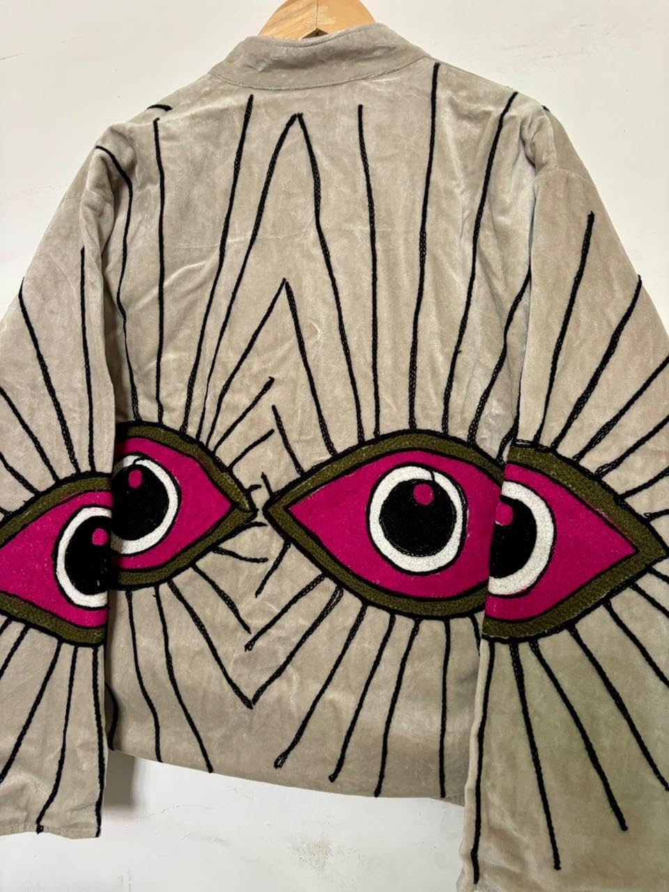 Embroidered Eye Applique Velvet Jacket, Beige with Pink Magenta Eyes, Black Stitch Detail, Cropped Style