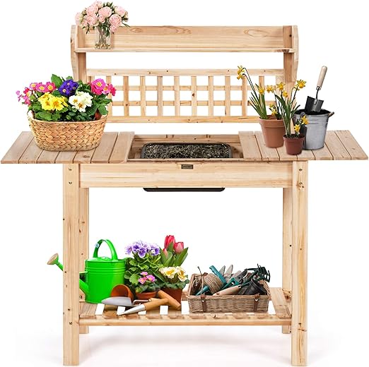 COSTWAY Garden Potting Table, 100 x 45 x 150cm Wooden Planting Bench
