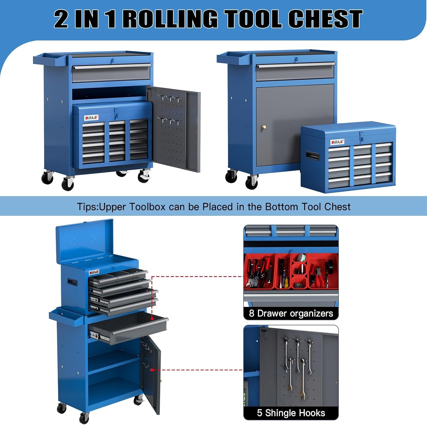 AIRAJ 7-Drawer Tool Chest with Wheels,Heavy Duty Rolling Tool Chest,Detachable Top Tool Box,Tool Cabinet with Liners,Hooks,Tray Divider,Rolling Tool Chest for Workshop,Warehouse